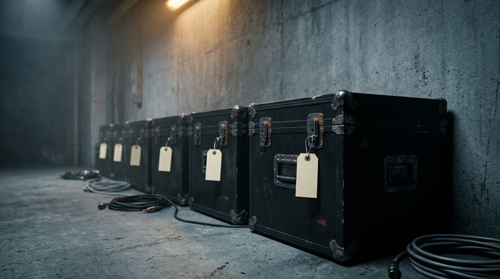 Identical black flight cases stand in a line along a backstage corridor, each with a blank tag hanging from its handle.