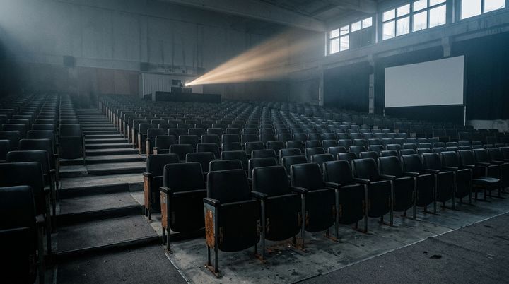 Rows of empty auditorium seats face a blank screen lit by a single projector beam cutting through haze.