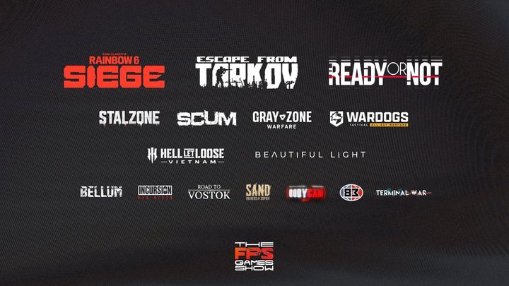 The FPS Games Show lineup card: sixteen game logos on a dark background, including Rainbow Six Siege, Escape from Tarkov, Ready or Not and WARDOGS, with the show logo beneath.
