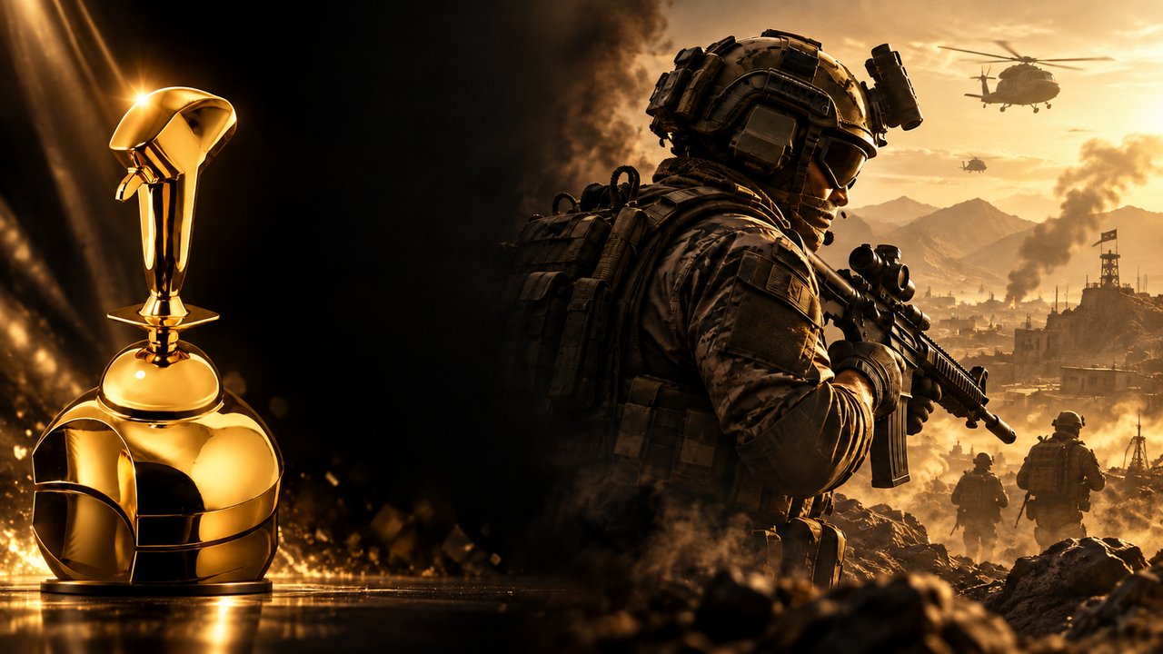 A gleaming gold joystick-shaped trophy on the left, and on the right a soldier in desert camouflage and goggles holding a rifle over a smoking, war-torn town at golden hour, with helicopters overhead.