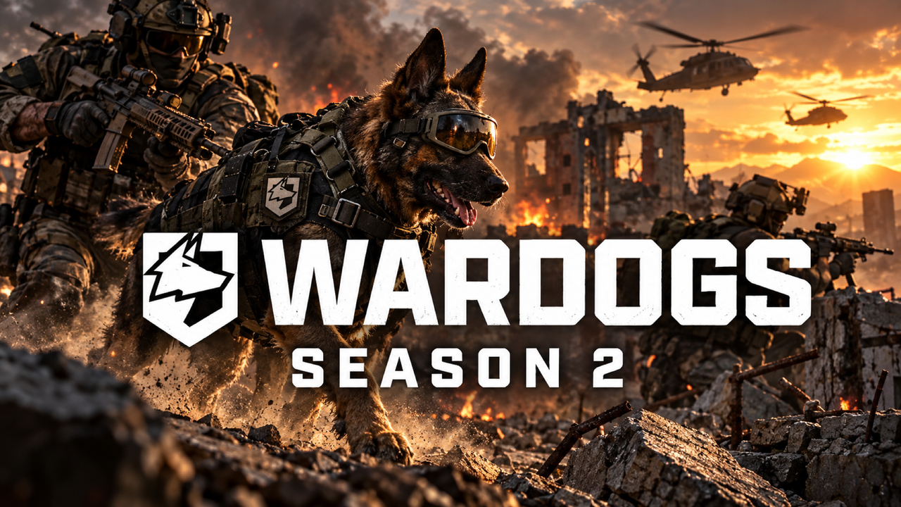 A German Shepherd in goggles and a tactical vest runs through rubble ahead of soldiers at sunset, with helicopters over a burning ruined building, beneath large WARDOGS Season 2 lettering.