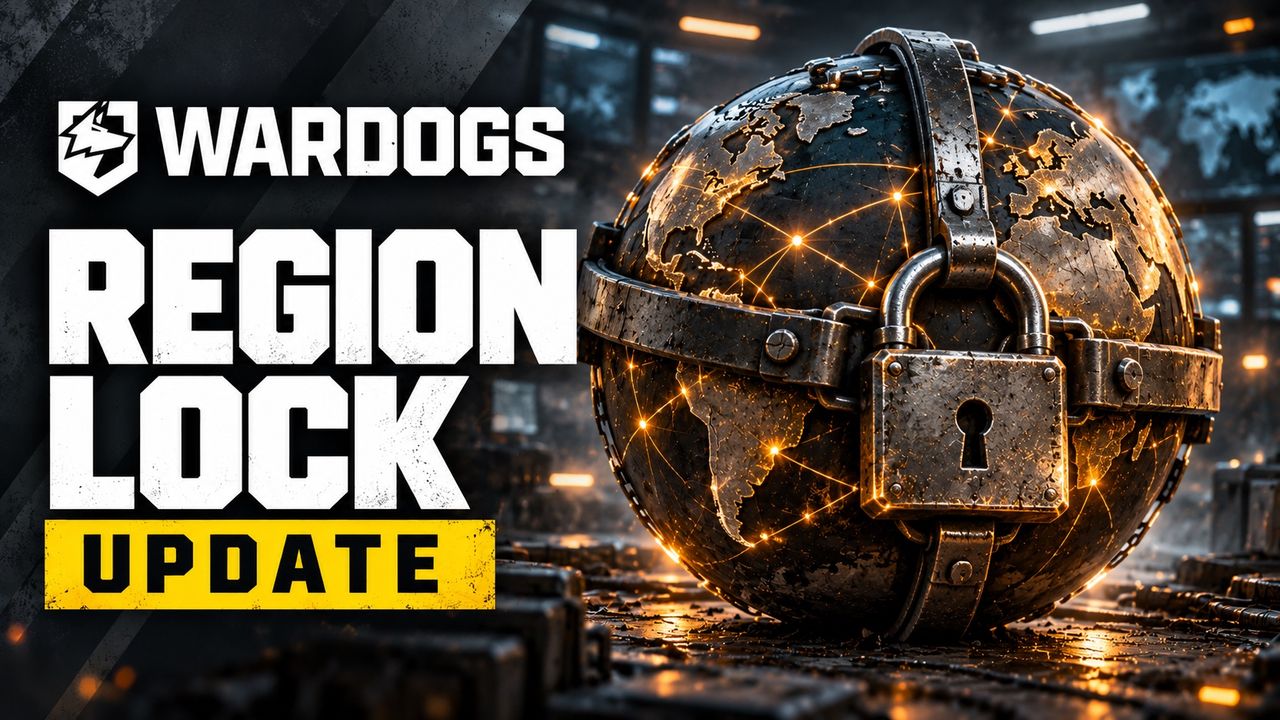 Un globo terráqueo de acero atado con correas de hierro y un gran candado, con líneas de red brillantes sobre los continentes, junto al texto WARDOGS Region Lock Update.