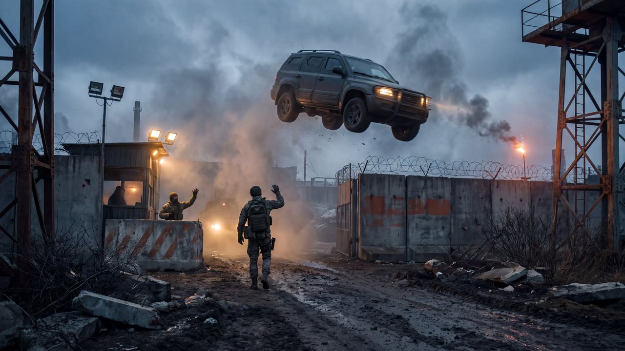 A soldier on foot is stopped at a muddy checkpoint at dusk while an SUV sails through the air over the concrete wall above them.