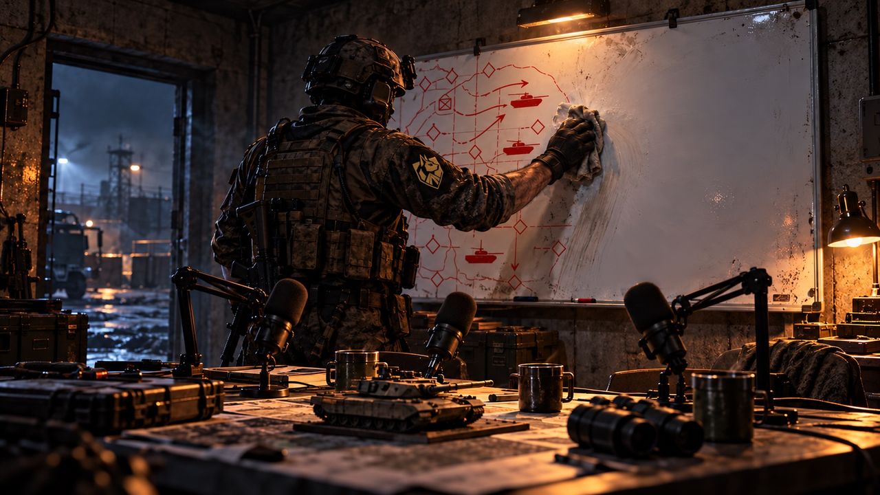 A soldier in a plate carrier wipes a red tank-and-arrow battle plan off a whiteboard in a night bunker, three podcast microphones and a model tank on the table in front.